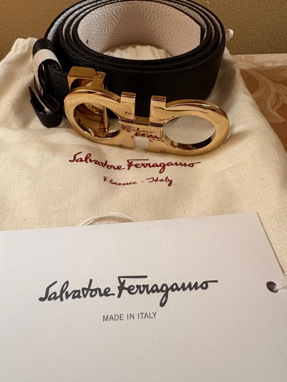 Salvatore Ferragamo Black Leather Belt with Gold Gancini Buckle